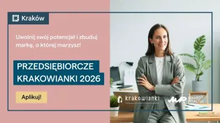 Kampania promująca przedsiębiorczość w Krakowie z informacją o aplikacji.