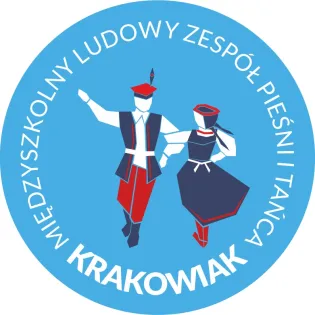 Logo zespołu folklorystycznego Krakowiak z postaciami tańczącymi w tradycyjnych strojach.
