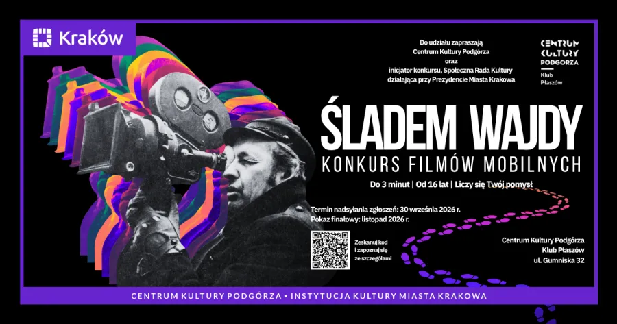 Plakat promujący konkurs filmów mobilnych "Śladem Wajdy" w Krakowie.