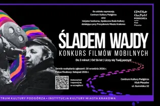 Plakat promujący konkurs filmów mobilnych "Śladem Wajdy" w Krakowie.