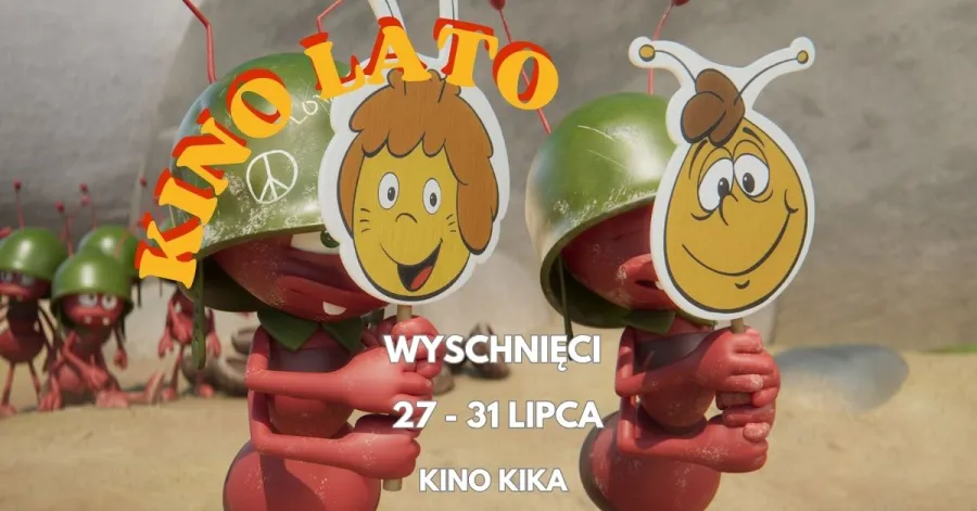 Animowane postacie mrówek z kartonowymi maskami, zapraszające na letnie kino.