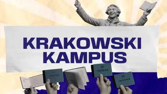 Krakowski Kampus z postacią trzymającą indeksy w rękach.