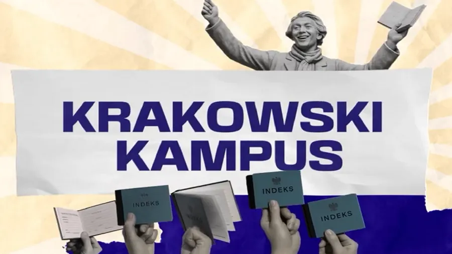 Krakowski Kampus z postacią trzymającą indeksy w rękach.