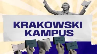 Krakowski Kampus z postacią trzymającą indeksy w rękach.
