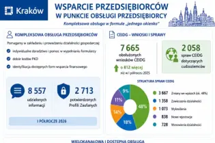 Wsparcie przedsiębiorców w Krakowie, statystyki i informacje o usługach oraz punktach obsługi.
