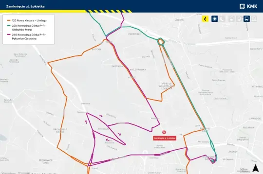 Zamknięcie ul. Łokietka z trasami objazdowymi dla linii 120 i 220.