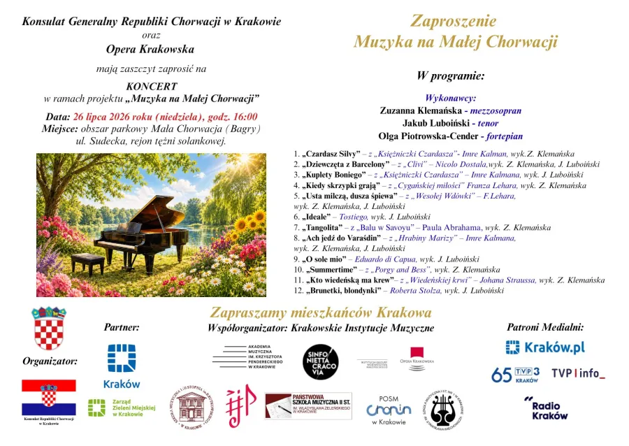 Zaproszenie na koncert "Muzyka na Małej Chorwacji" w Krakowie, z informacjami o wykonawcach i programie.