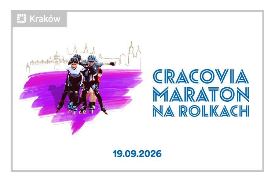 Cracovia Maraton na rolkach, Kraków, 19.09.2026, trzech rolkarzy na kolorowym tle.
