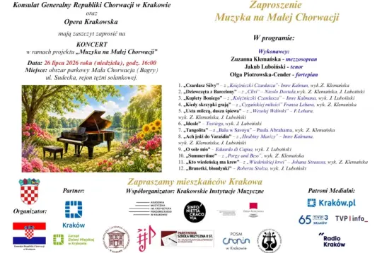 Grafika zaproszenia na koncert fortepianowy Muzyka na Małej Chorwacji 26 lipca 2026. Po lewej tekst z listą utworów a po prawej grafika ukazująca fortepian w otoczeniu zielonych drzew i kwiatów. 