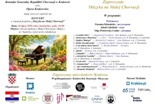 Grafika zaproszenia na koncert fortepianowy Muzyka na Małej Chorwacji 26 lipca 2026. Po lewej tekst z listą utworów a po prawej grafika ukazująca fortepian w otoczeniu zielonych drzew i kwiatów. 