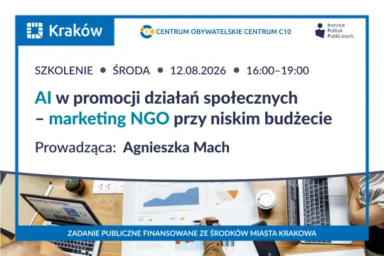 Grafika promująca szkolenie „AI w promocji działań społecznych – marketing NGO przy niskim budżecie”. 12 sierpnia 2026 r., godz. 16:00–19:00. Prowadząca: Agnieszka Mach.