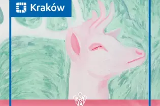 Różowa sarenka na tle zielonego tła z tytułem "Interpunkcja miłości" i nazwiskiem autorki.