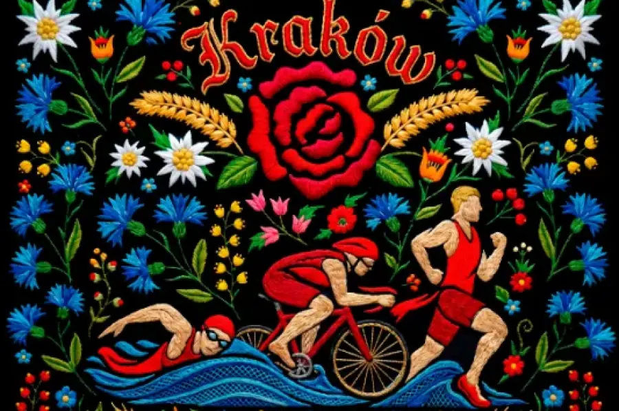 Kraków, logo Ironman 70.3, sportowcy na rowerze i w biegu, kwiatowe wzory. Data: 2 sierpnia 2026