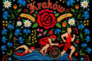 Kraków, logo Ironman 70.3, sportowcy na rowerze i w biegu, kwiatowe wzory. Data: 2 sierpnia 2026