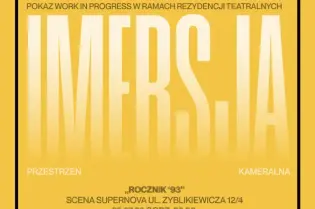 Plakat promujący wydarzenie teatralne "IMERSJA" w Krakowie, z informacjami o dacie i miejscu.