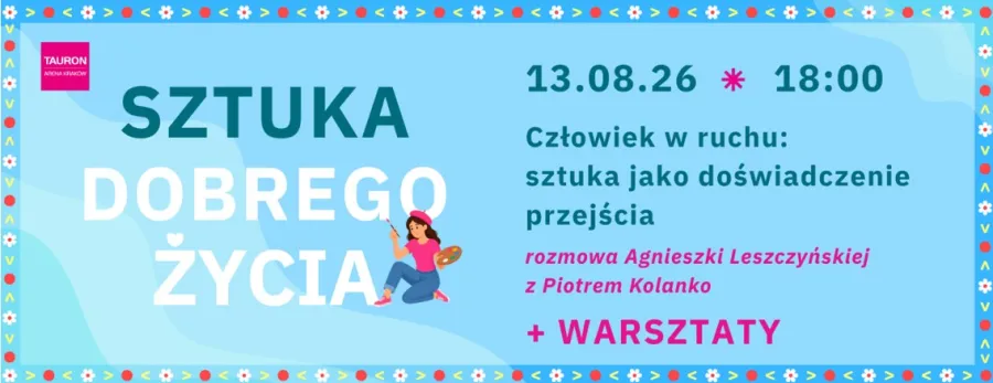 Plakat wydarzenia artystycznego z datą, godziną i informacjami o warsztatach.