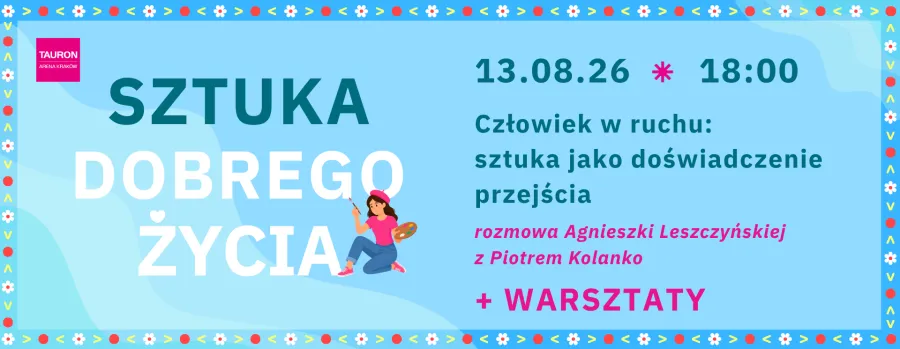 Plakat wydarzenia artystycznego z datą, godziną i informacjami o rozmowie oraz warsztatach.