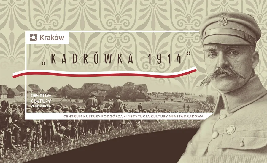 Kadrówka 1914, historyczny plakat z postacią wojskowego i tłem z żołnierzami oraz obozem.