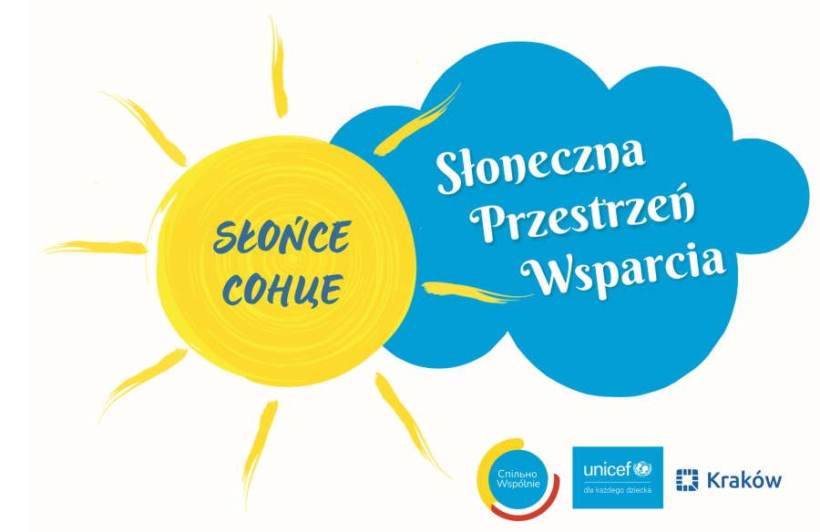 Grafika jak dziecięcy rysunek na białym tle w żółte słońce i niebieska chmurka oraz napis Słoneczne Przestrzenie Wsparcia „Słońce”