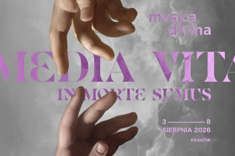 Plakat wydarzenia muzycznego z datami i tytułem "Media Vita in Morte Sumus".
