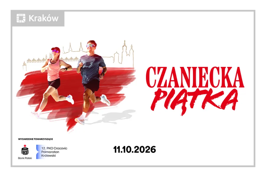 Biegacze na tle Krakowa z datą wydarzenia 11.10.2026 i hasłem Czaniecka Piątka.