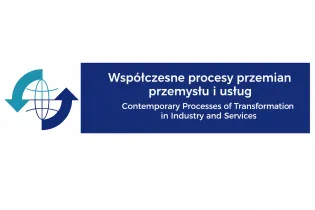 Współczesne procesy przemian przemysłu i usług, z grafiką symbolizującą transformację.