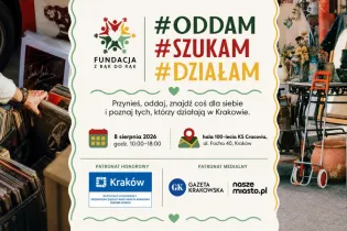 Plakat promujący wydarzenie charytatywne z informacjami o dacie, miejscu i hasłach #ODDAM #SZUKAM #DZIAŁAM.