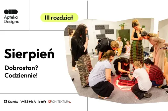Grupa osób w kreatywnej przestrzeni, angażujących się w interaktywną aktywność.