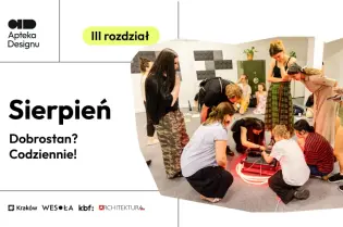 Grupa osób w kreatywnej przestrzeni, angażujących się w interaktywną aktywność.
