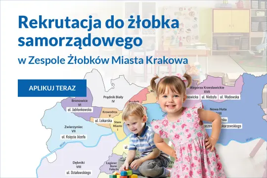 Rekrutacja do żłobka samorządowego w Krakowie z mapą i dziećmi bawiącymi się.