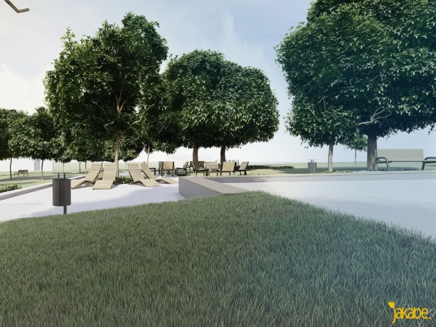 Zielony park z drzewami, leżakami i ławkami w tle.