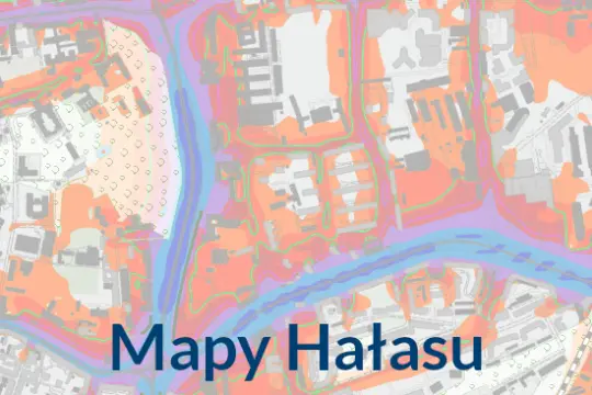 Mapy Hałasu z kolorowymi strefami przedstawiającymi poziomy hałasu w danym obszarze.