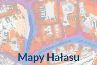 Mapy Hałasu z kolorowymi strefami przedstawiającymi poziomy hałasu w danym obszarze.