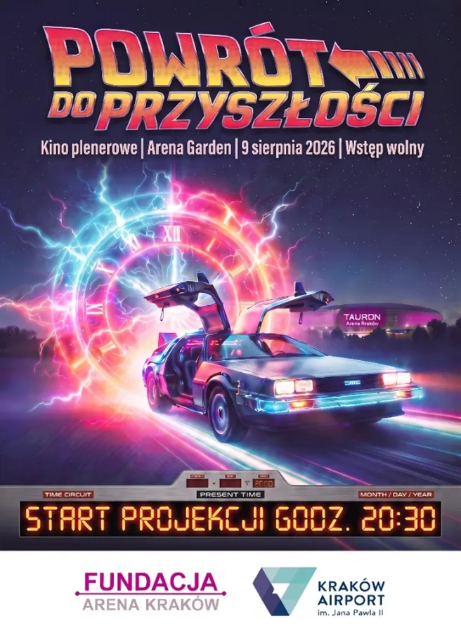 Plakat promujący seans filmu Powrót do przyszłości w plenerze, z datą i godziną projekcji.