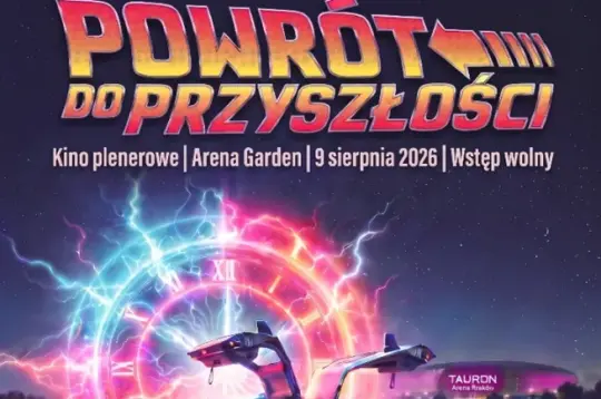 Plakat promujący seans filmu Powrót do przyszłości w plenerze, z datą i godziną projekcji.