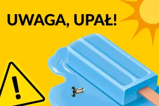 Lodowy przysmak topniejący na żółtym tle z ostrzeżeniem o upale.