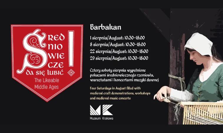 Plakat promujący wydarzenia w Barbakanie, sierpniowe warsztaty i koncerty muzyki dawnej.