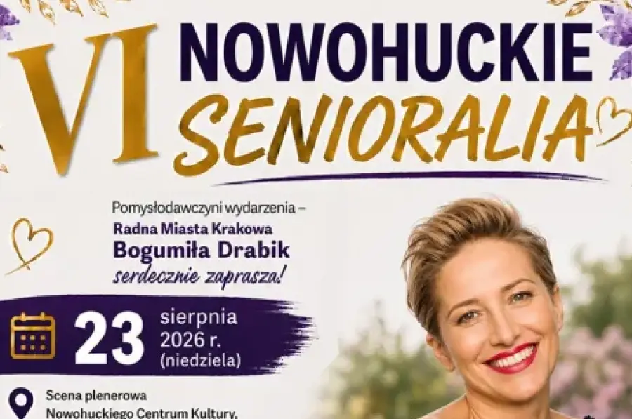 Plakat wydarzenia VI Nowohuckie Senioralia z informacjami o koncercie Magdy Steczkowskiej.