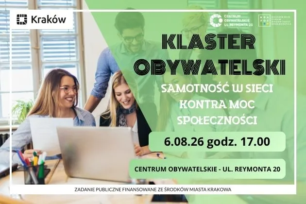 Plakat wydarzenia o tematyce społecznej z datą, godziną i lokalizacją.