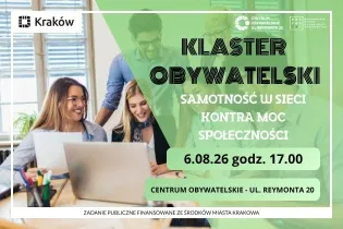 Plakat wydarzenia o tematyce społecznej z datą, godziną i lokalizacją.