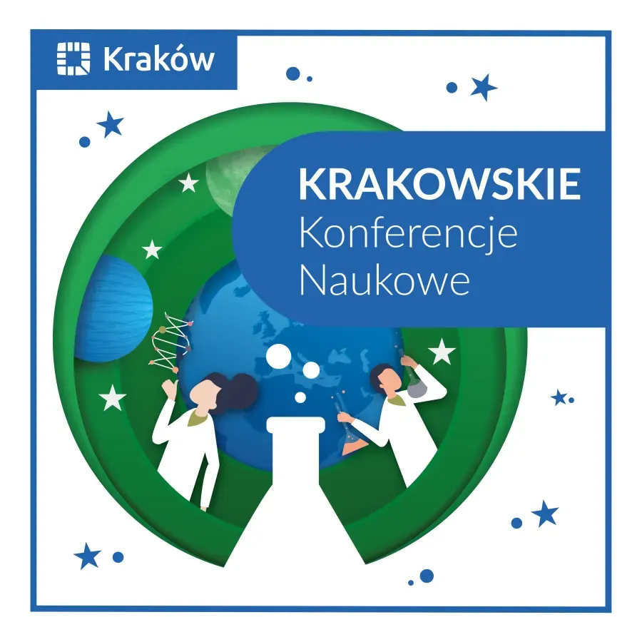Krakowskie konferencje naukowe z ilustracją naukowców i symbolami nauki.