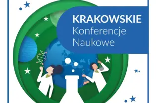 Krakowskie konferencje naukowe z ilustracją naukowców i symbolami nauki.