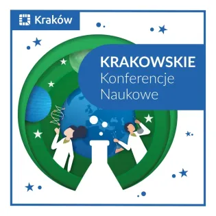 Krakowskie konferencje naukowe z ilustracją naukowców i symbolami nauki.