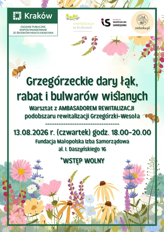 Plakat zapraszający na warsztat o rewitalizacji Grzegórzek, z datą, godziną i miejscem wydarzenia.