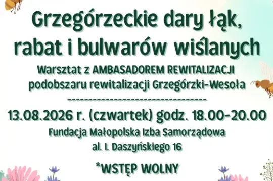 Plakat zapraszający na warsztat o rewitalizacji Grzegórzek, z datą, godziną i miejscem wydarzenia.