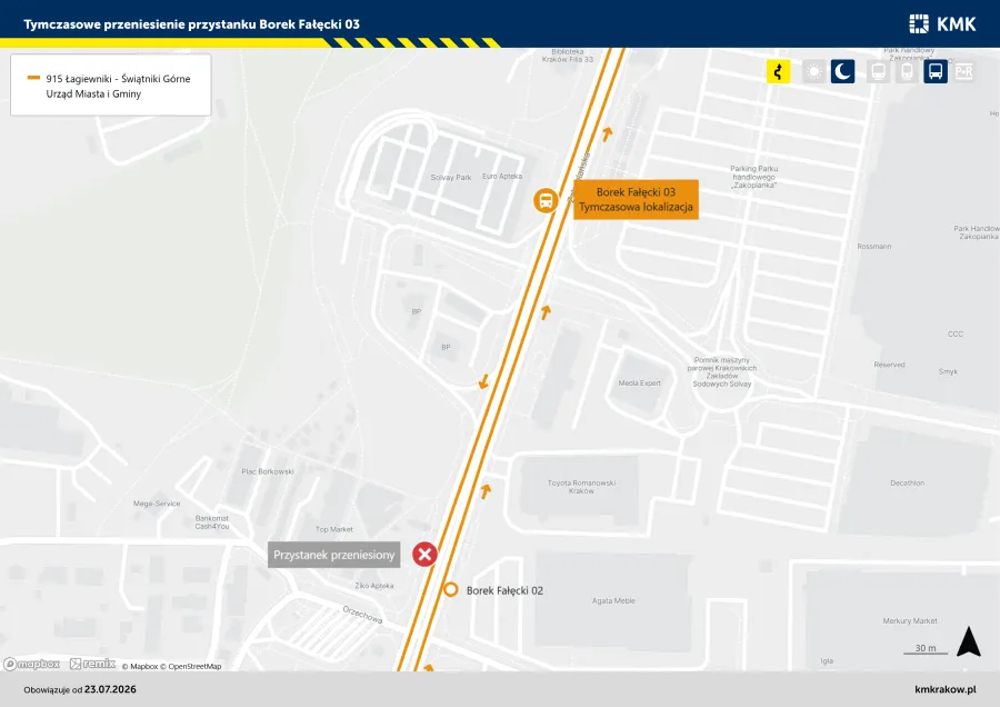 Mapa z lokalizacją tymczasowego przystanku Borek Fałęcki 03 oraz okolicznych ulic.