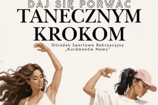 Plakat promujący zajęcia taneczne w Krakowie, z informacjami o zapisach i kontakcie.