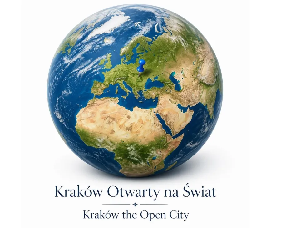 na białym tle kula ziemska a na niej zaznaczony niebieską pineską Kraków i napis kraków Otwarty na Świat - Kraków the Open City 