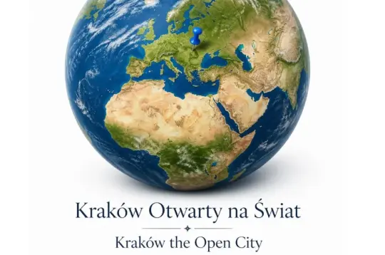 na białym tle kula ziemska a na niej zaznaczony niebieską pineską Kraków i napis kraków Otwarty na Świat - Kraków the Open City 