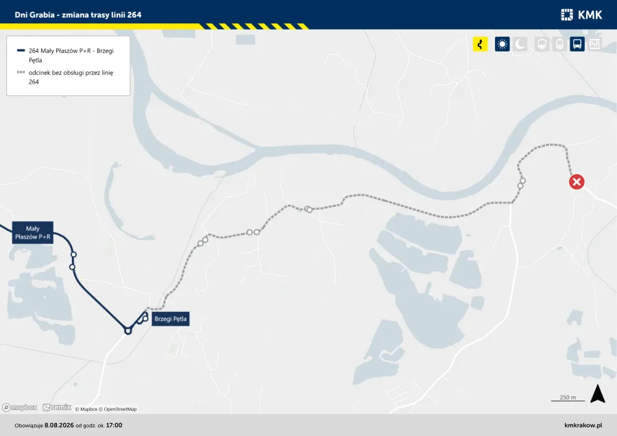 Mapa trasy linii 264 z przystankami i zmianami w kursowaniu.
